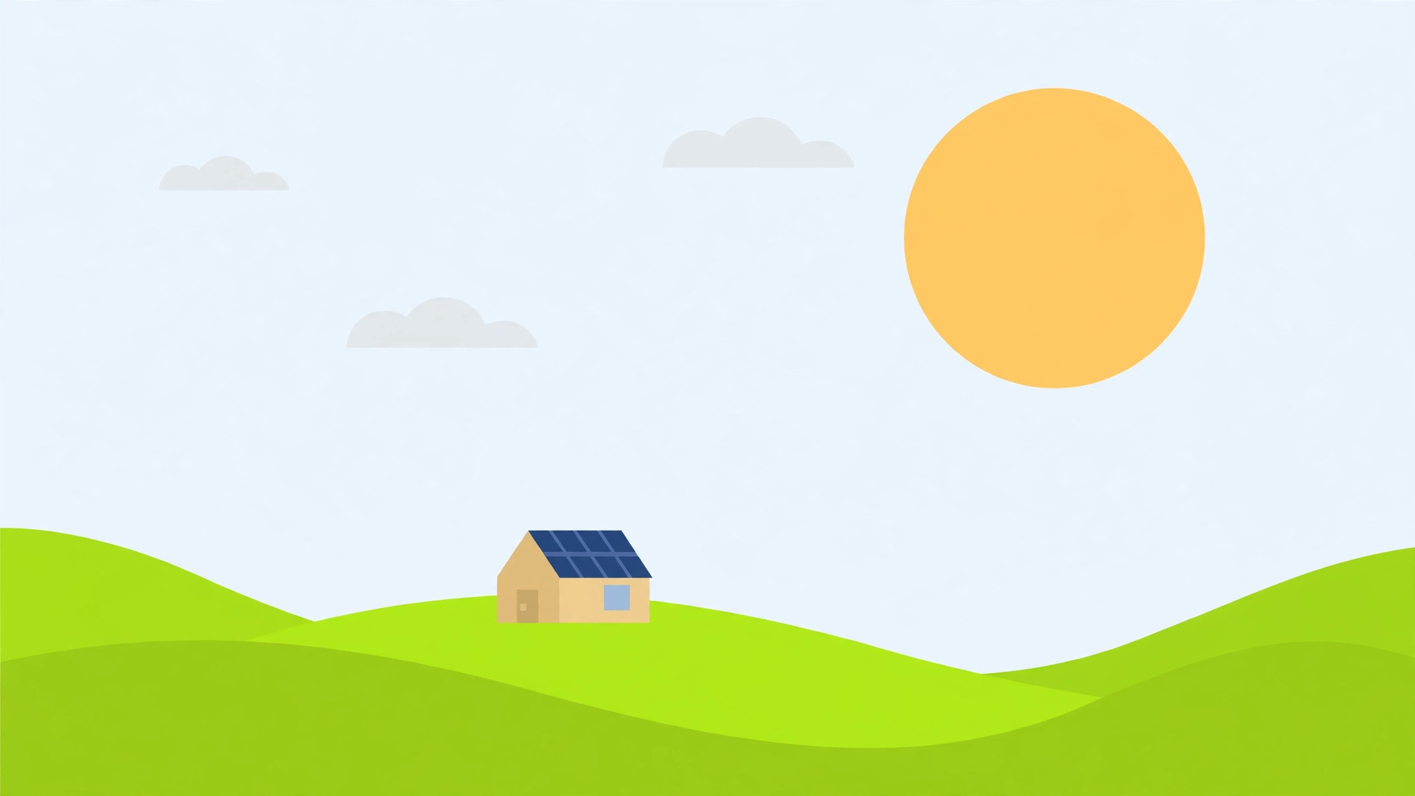 Flat vector illustration of solar panels on a house roof under a bright sun.